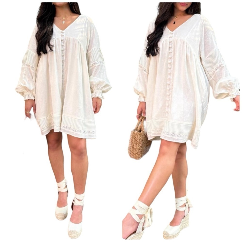 Mable Jocelyn Linen Pintuck Off-white Button Front Relaxed Fit Boho Short Dress